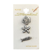 Novelty Shank Buttons Fish Starfish Silver Streamline 3/4 on Card - Avid Vintage