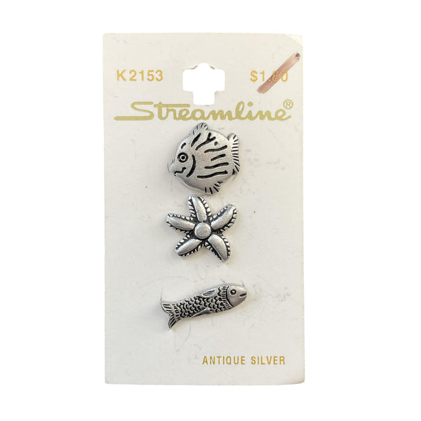 Novelty Shank Buttons Fish Starfish Silver Streamline 3/4 on Card