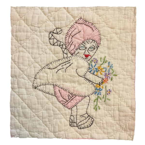 Vintage Quilt Block Little Dutch Girl or Brownie Girl Pink 10 1/2 x 11