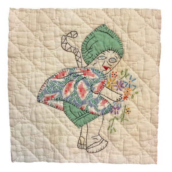 Vintage Appliqued Quilt Block Little Dutch Girl or Brownie Green and Blue 10 1/2 x 11