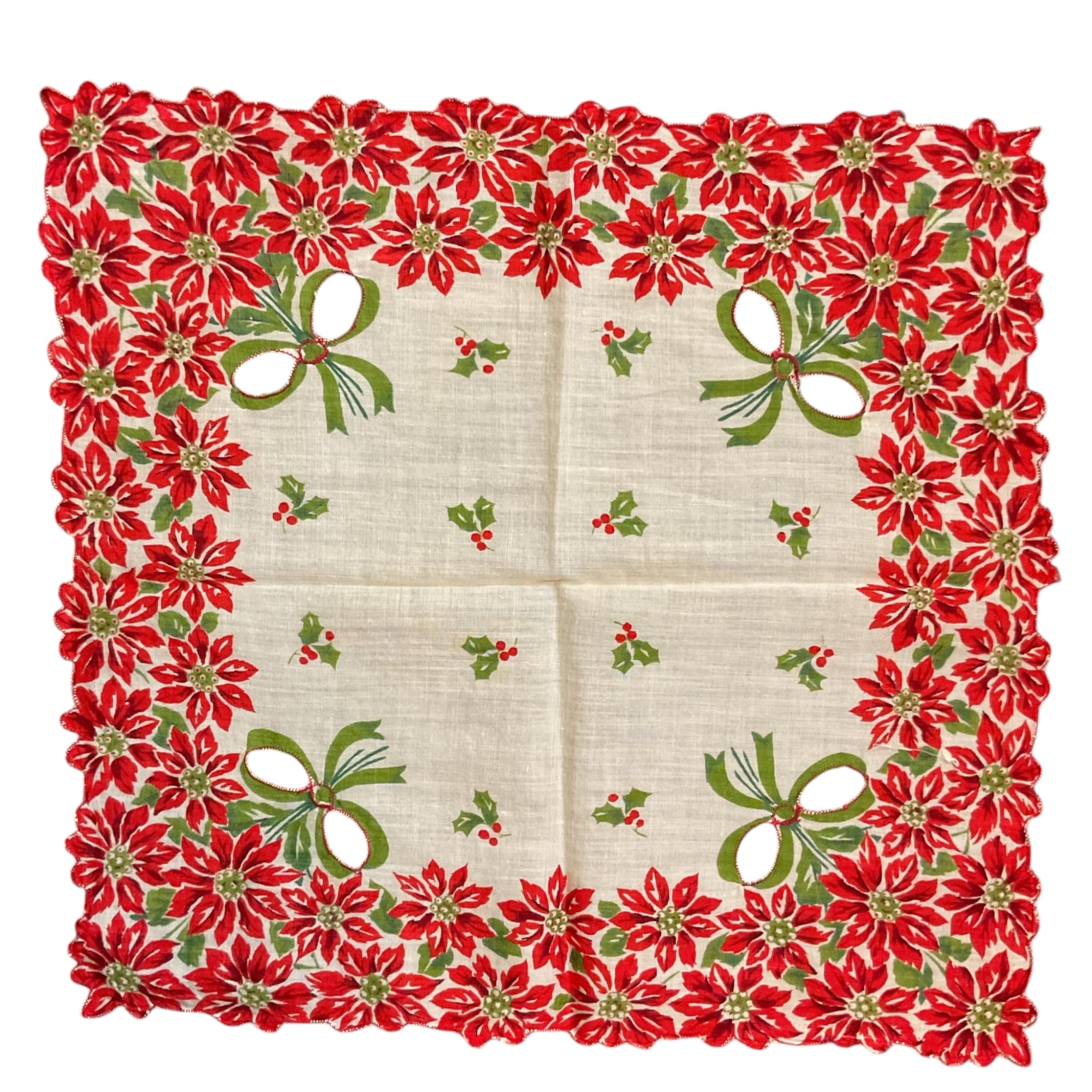 Vintage Cutwork Christmas Handkerchief Red Poinsettias Scallop Edge Green Bows