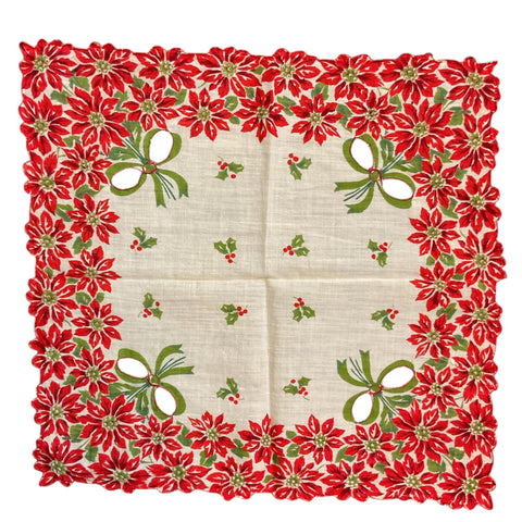 Vintage Cutwork Christmas Handkerchief Red Poinsettias Scallop Edge Green Bows