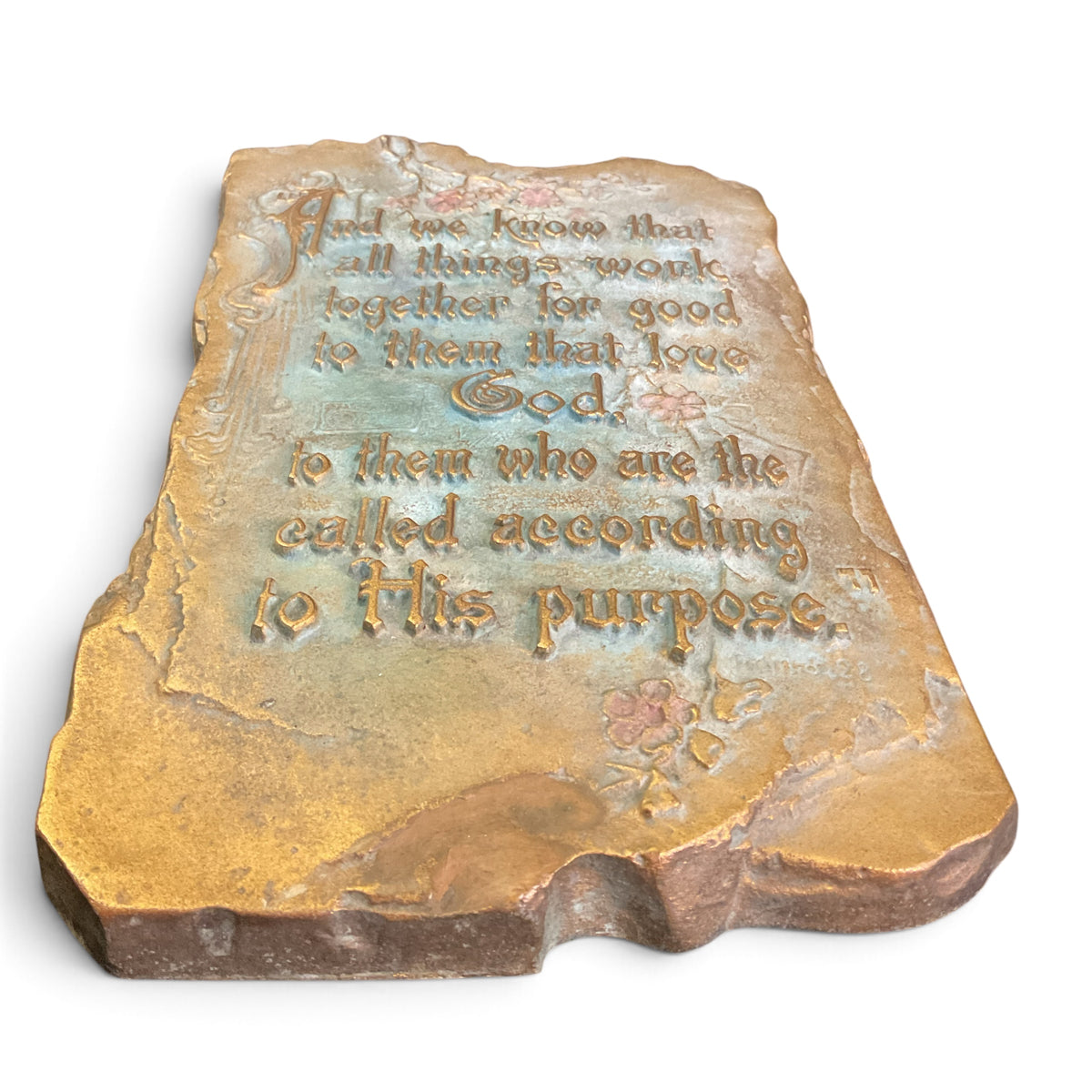 Vintage A.E. Mitchell Metal Scripture Wall Plaque 1928 Romans 8:28