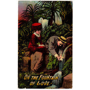 Vintage Romance Postcard Lady in Red Hat Couple at Fountain of Love - Avid Vintage