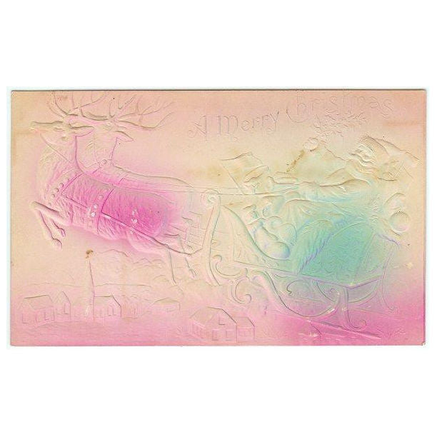 Vintage 1900s Tinted Embossed Christmas Postcard Santa Claus Reindeer Sleigh - Avid Vintage
