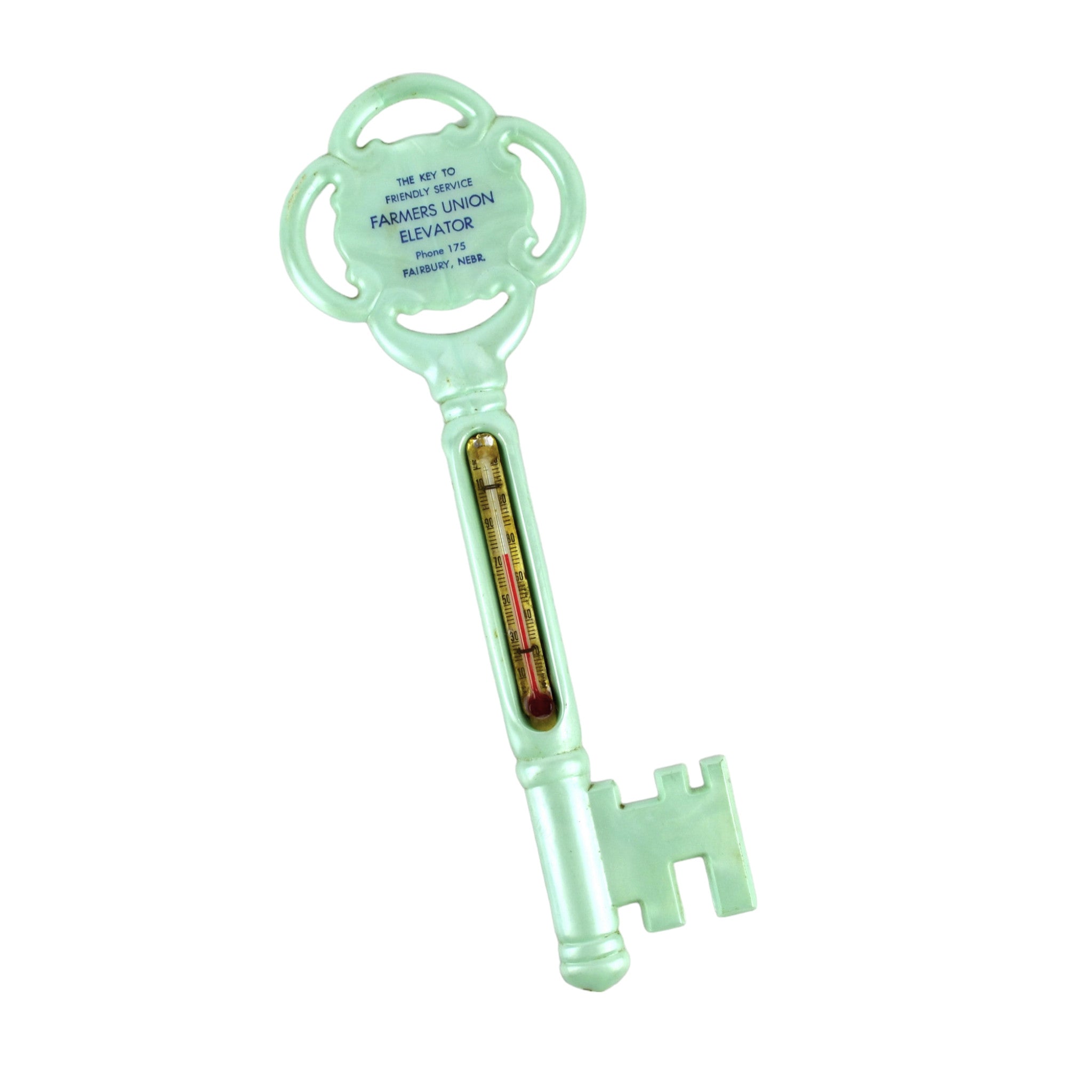 Vintage Skeleton Key Advertising Thermometer Fairbury Nebraska Farmers Union 1960s
