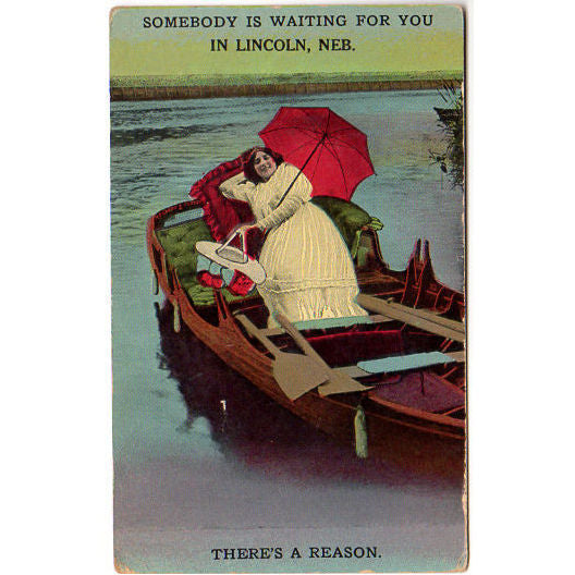 Vintage Romance Postcard Woman in Boat Waiting for You in Lincoln Nebraska - Avid Vintage