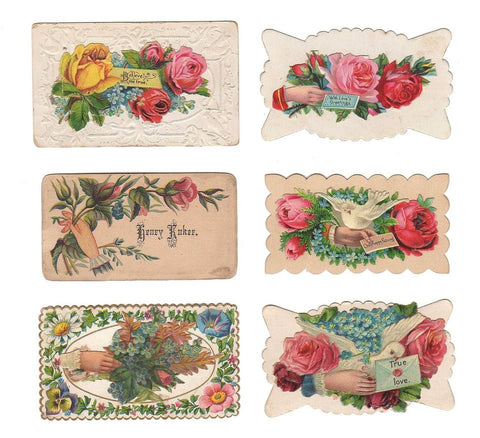 Antique Victorian Calling Cards Lot of 6 Pink Roses Dove Hands