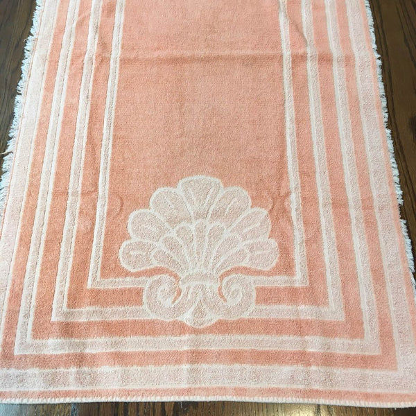 Vintage Bath Towel Coral Stripes and Shells Fringed Edges 23 x 42