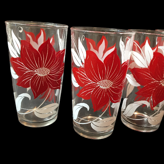 Vintage Christmas Glass Tumblers Red Poinsettia Drinking Glasses Set of 4