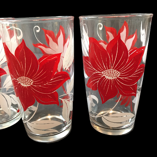 Vintage Christmas Glass Tumblers Red Poinsettia Drinking Glasses Set of 4