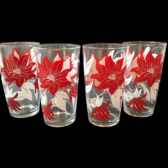 Vintage Christmas Glass Tumblers Red Poinsettia Drinking Glasses Set of 4