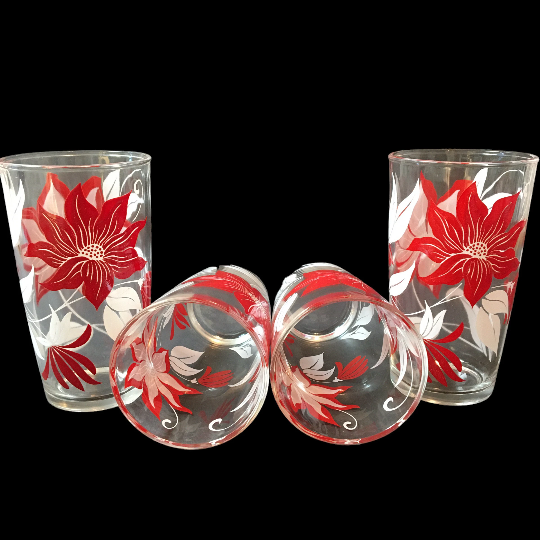Vintage Christmas Glass Tumblers Red Poinsettia Drinking Glasses Set of 4
