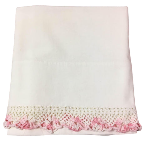Vintage Cotton Pillowcase Pink And White Floral Crochet Edging 20 x 32