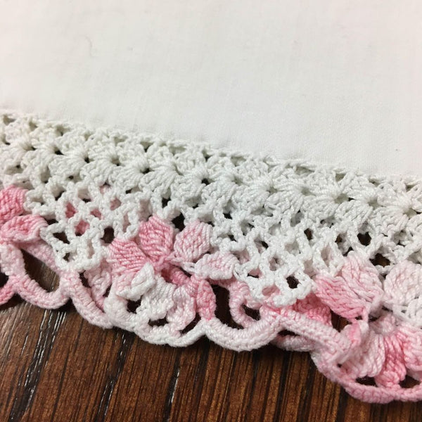 Vintage Cotton Pillowcase Pink And White Floral Crochet Edging 20 x 32