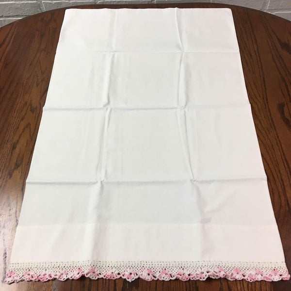 Vintage Cotton Pillowcase Pink And White Floral Crochet Edging 20 x 32
