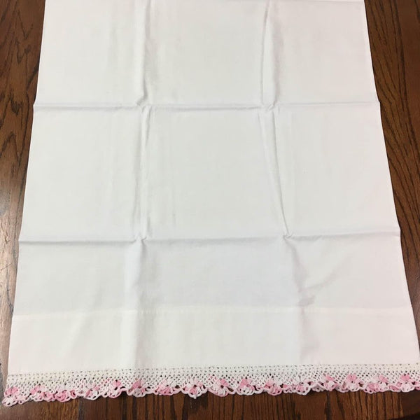 Vintage Cotton Pillowcase Pink And White Floral Crochet Edging 20 x 32