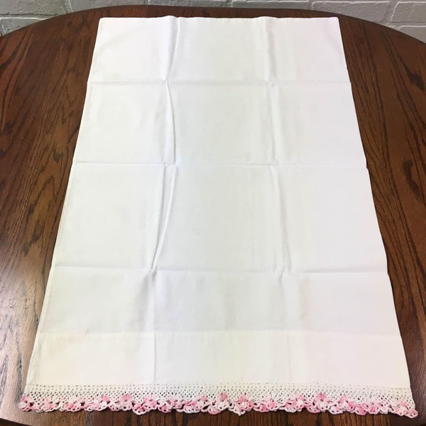 Vintage Cotton Pillowcase Pink And White Floral Crochet Edging 20 x 32