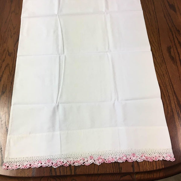 Vintage Cotton Pillowcase Pink And White Floral Crochet Edging 20 x 32