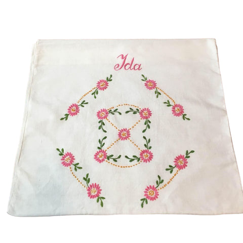 Vintage Embroidered Pillow Cover Pink Flowers IDA Name