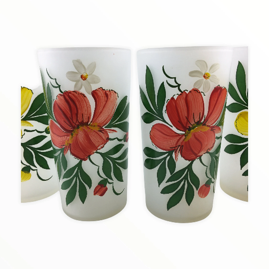 Vintage Floral Frosted Tumblers Set of 4 Federal Glassware Drinking Glasses