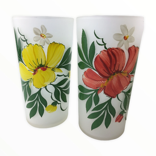 Vintage Floral Frosted Tumblers Set of 4 Federal Glassware Drinking Glasses