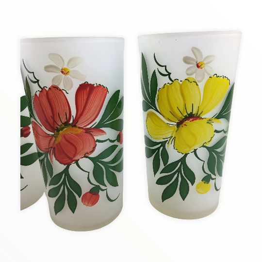 Vintage Floral Frosted Tumblers Set of 4 Federal Glassware Drinking Glasses