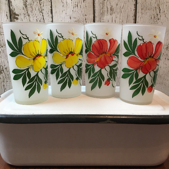 Vintage Floral Frosted Tumblers Set of 4 Federal Glassware Drinking Glasses