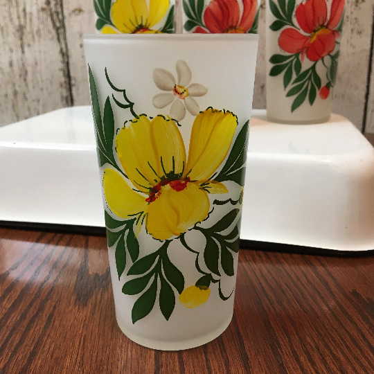 Vintage Floral Frosted Tumblers Set of 4 Federal Glassware Drinking Glasses