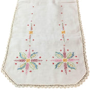 Vintage Hand Embroidered Table Runner Dresser Scarf Floral Leaves Crochet Edging 14 x 39