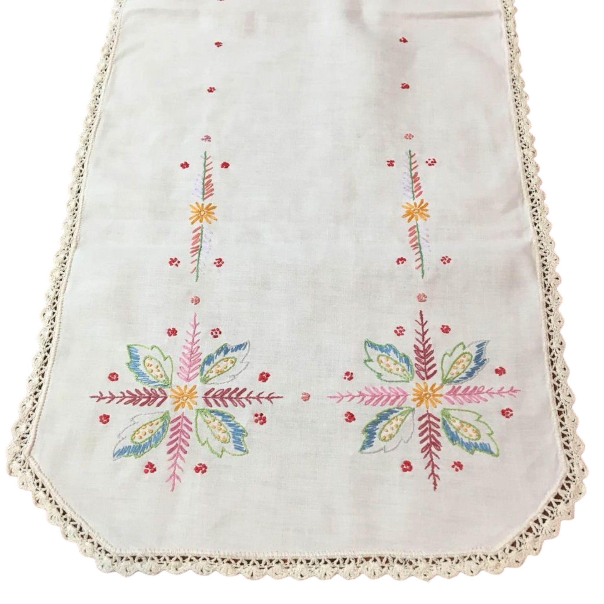 Vintage Hand Embroidered Table Runner Dresser Scarf Floral Leaves Crochet Edging 14 x 39