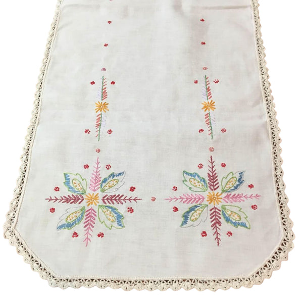 Vintage Hand Embroidered Table Runner Dresser Scarf Floral Leaves Crochet Edging 14 x 39