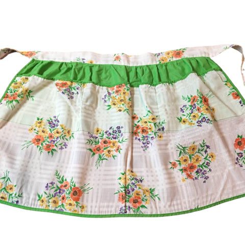 Vintage Kitchen Half Apron Green Floral 3 Pockets Tie Back