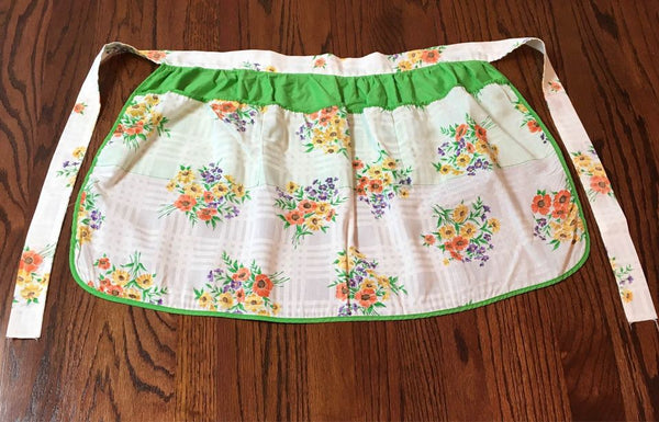 Vintage Kitchen Half Apron Green Floral 3 Pockets Tie Back