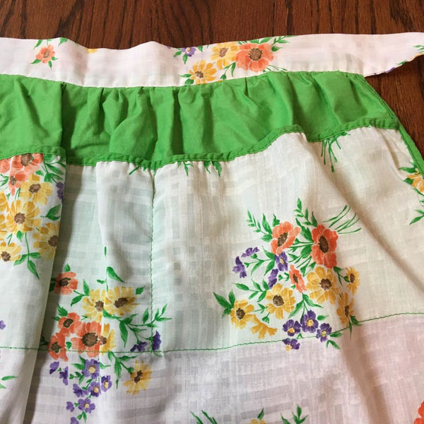 Vintage Kitchen Half Apron Green Floral 3 Pockets Tie Back