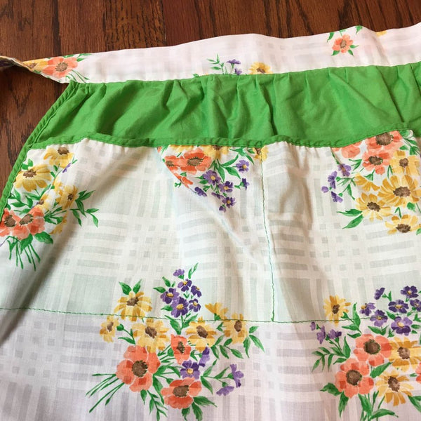 Vintage Kitchen Half Apron Green Floral 3 Pockets Tie Back