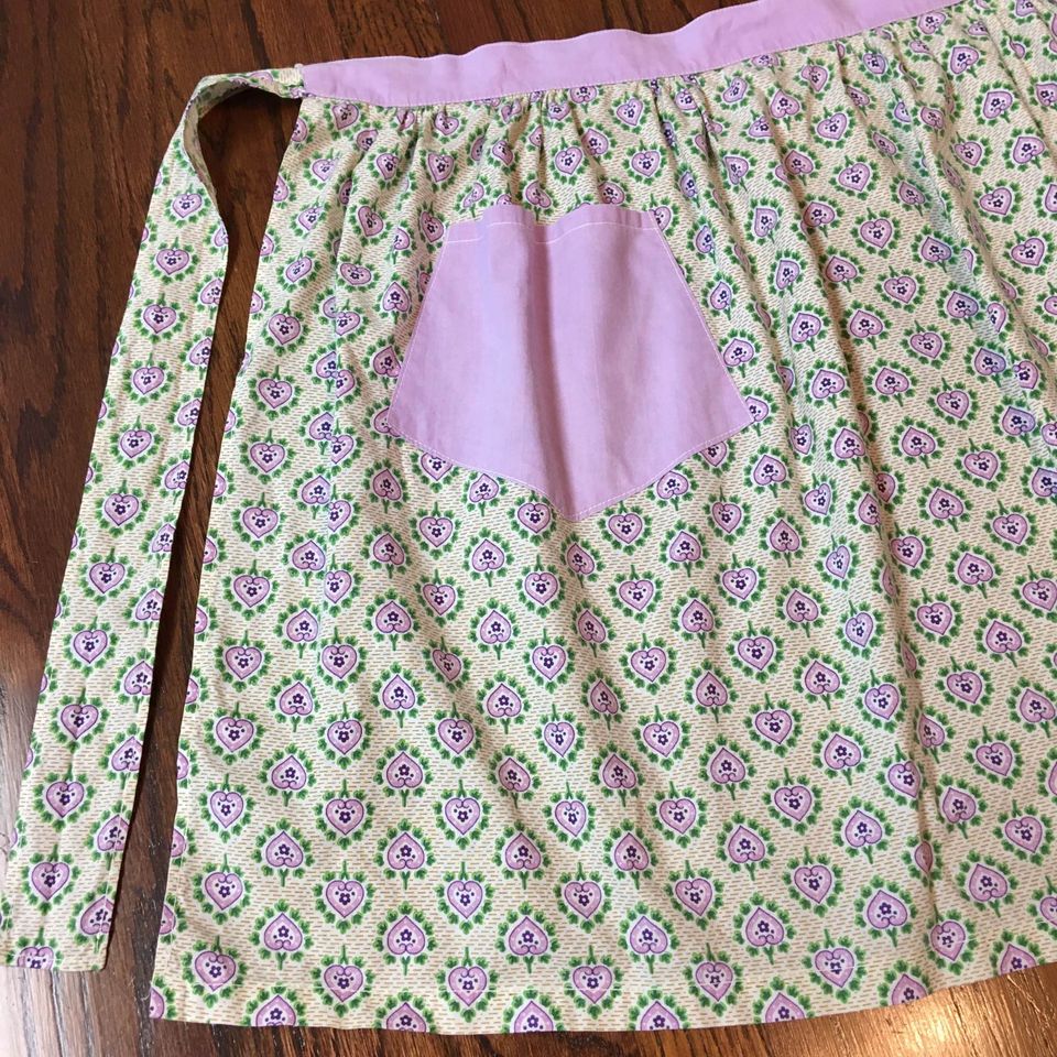 Vintage Kitchen Half Apron Purple and Green Hearts Floral One Pocket