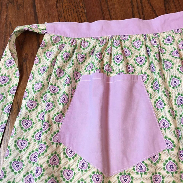 Vintage Kitchen Half Apron Purple and Green Hearts Floral One Pocket