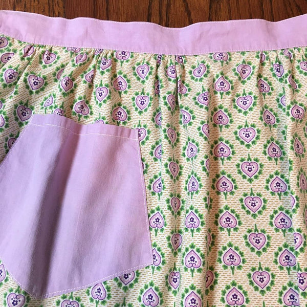 Vintage Kitchen Half Apron Purple and Green Hearts Floral One Pocket