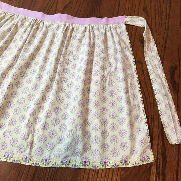 Vintage Kitchen Half Apron Purple and Green Hearts Floral One Pocket
