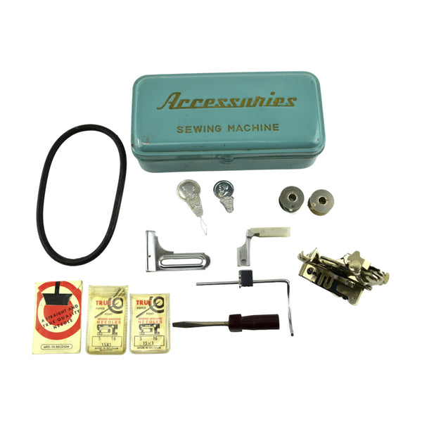 Vintage Sewing Machine Accessories Metal Box Hinged Lid with Contents Needles, Parts