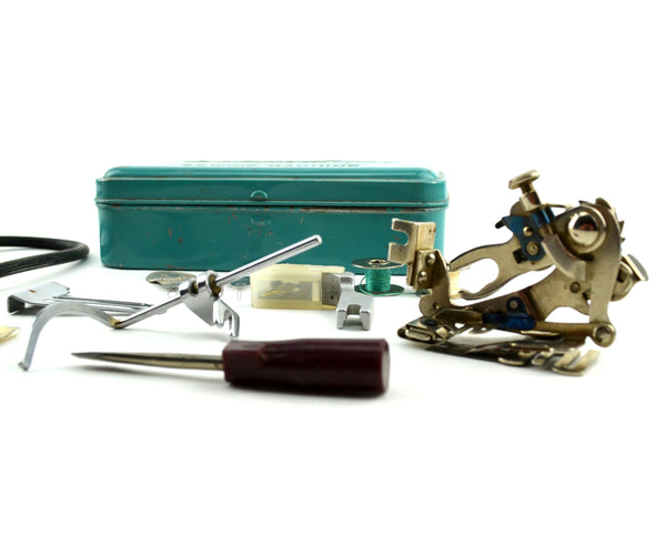 Vintage Sewing Machine Accessories Metal Box Hinged Lid with Contents Needles, Parts