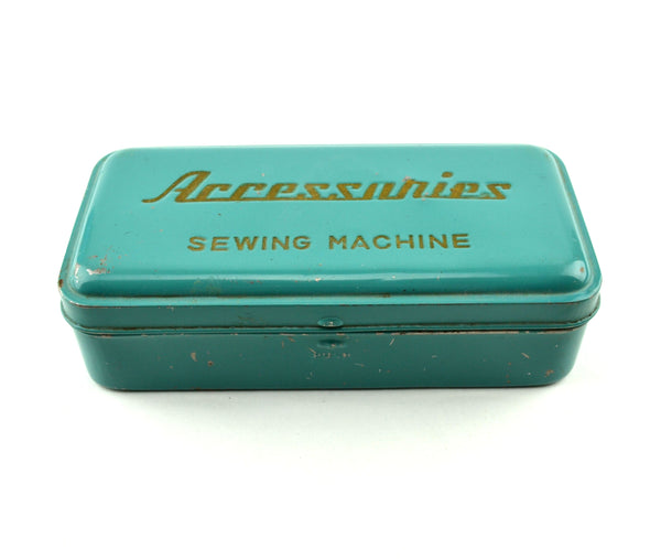 Vintage Sewing Machine Accessories Metal Box Hinged Lid with Contents Needles, Parts