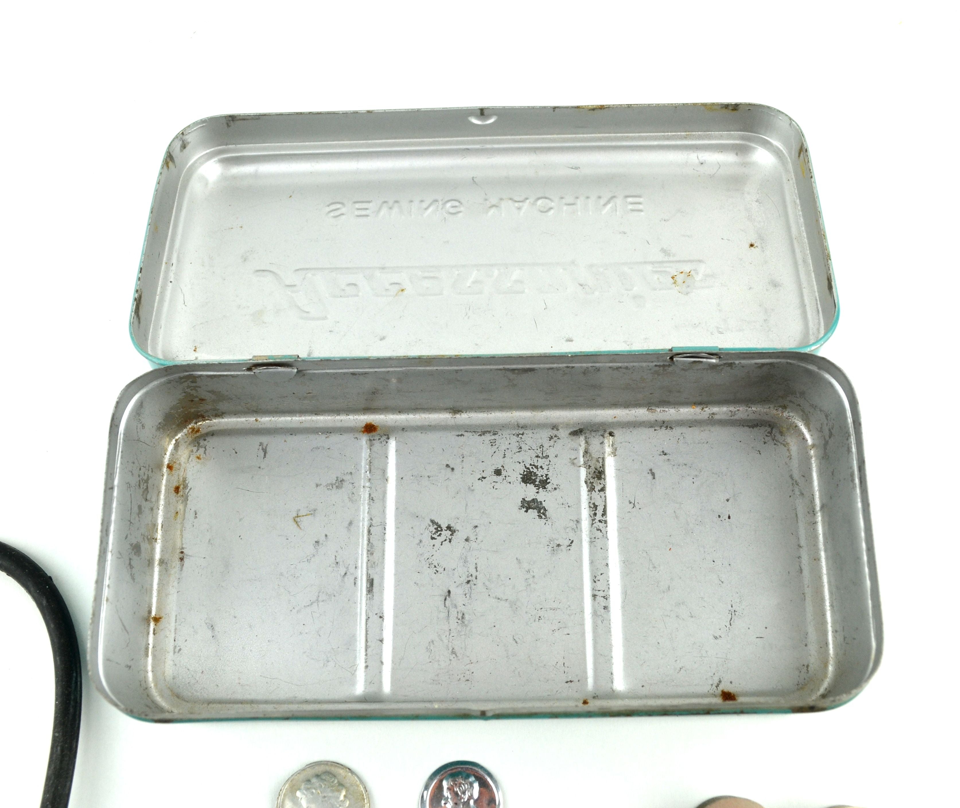 Vintage Sewing Machine Accessories Metal Box Hinged Lid with Contents Needles, Parts