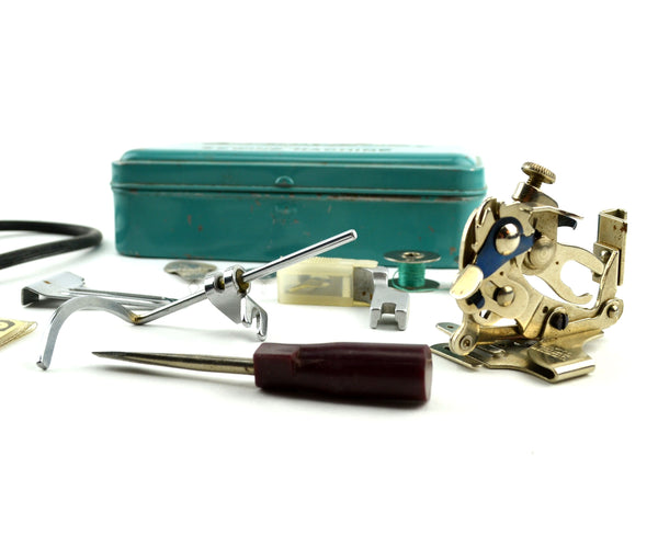Vintage Sewing Machine Accessories Metal Box Hinged Lid with Contents Needles, Parts