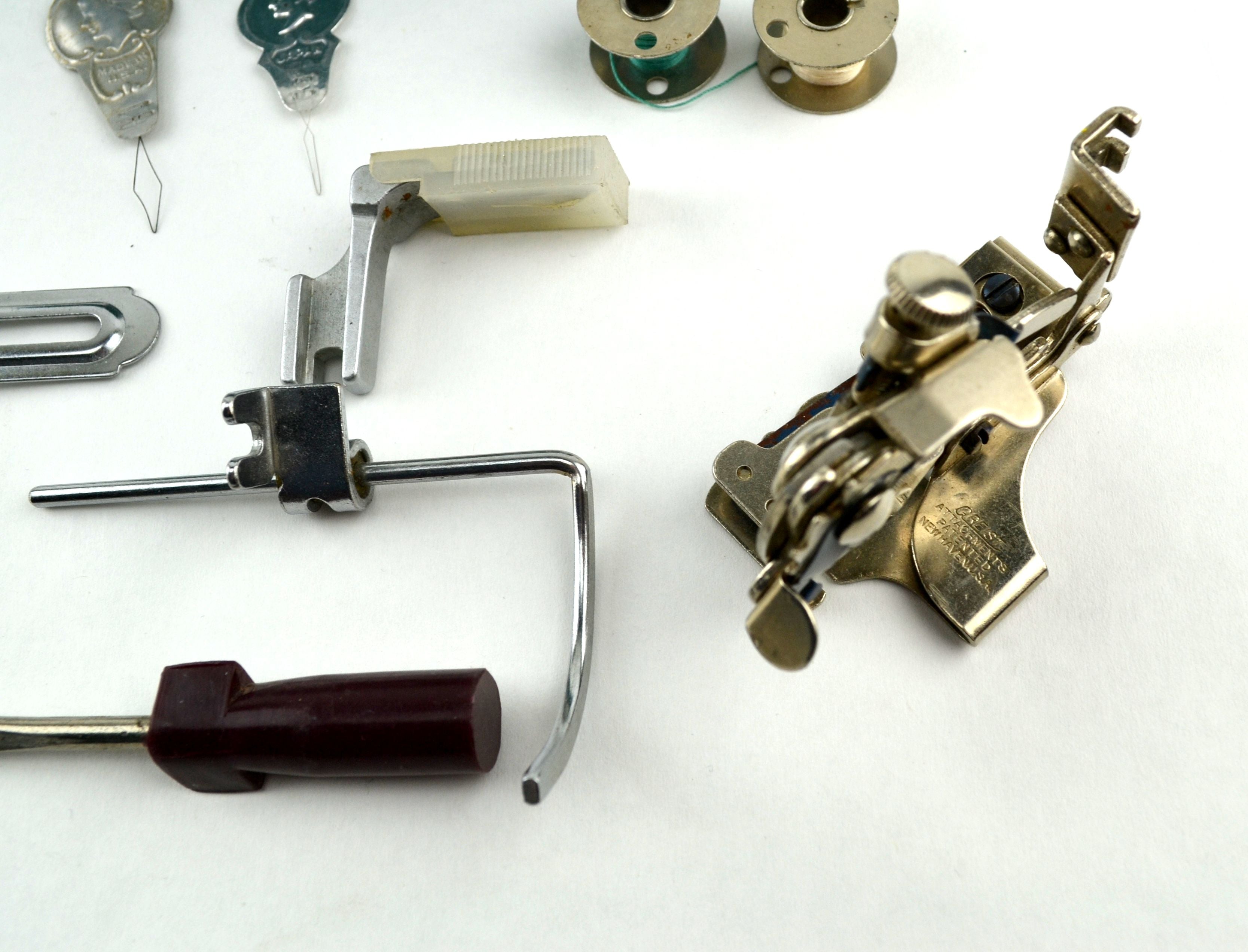 Vintage Sewing Machine Accessories Metal Box Hinged Lid with Contents Needles, Parts