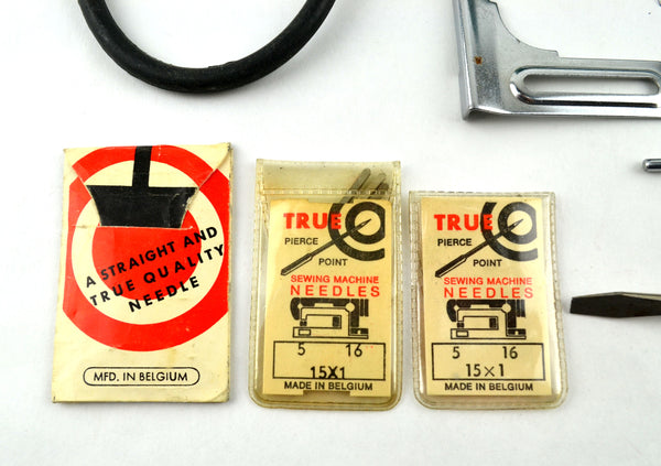 Vintage Sewing Machine Accessories Metal Box Hinged Lid with Contents Needles, Parts