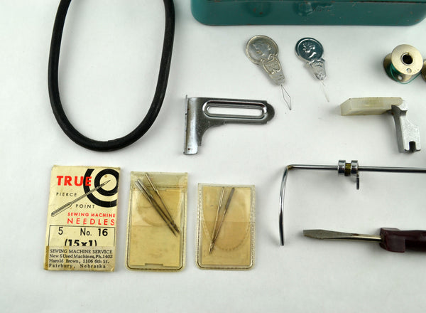 Vintage Sewing Machine Accessories Metal Box Hinged Lid with Contents Needles, Parts