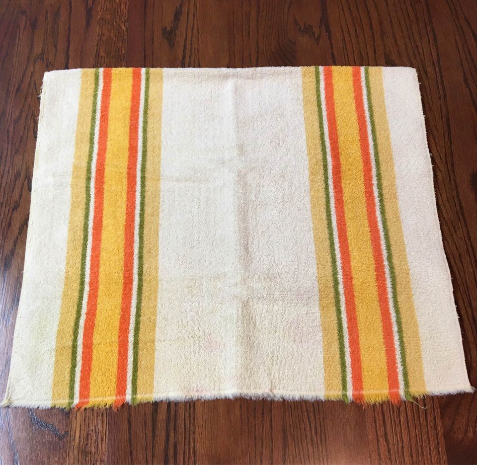 Vintage Striped Fringed Bath Towel Yellow, Olive Green and Gold 21 x 38