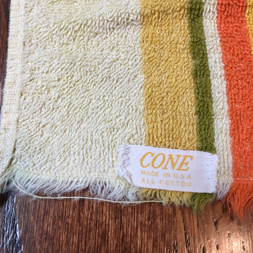 Vintage Striped Fringed Bath Towel Yellow, Olive Green and Gold 21 x 38